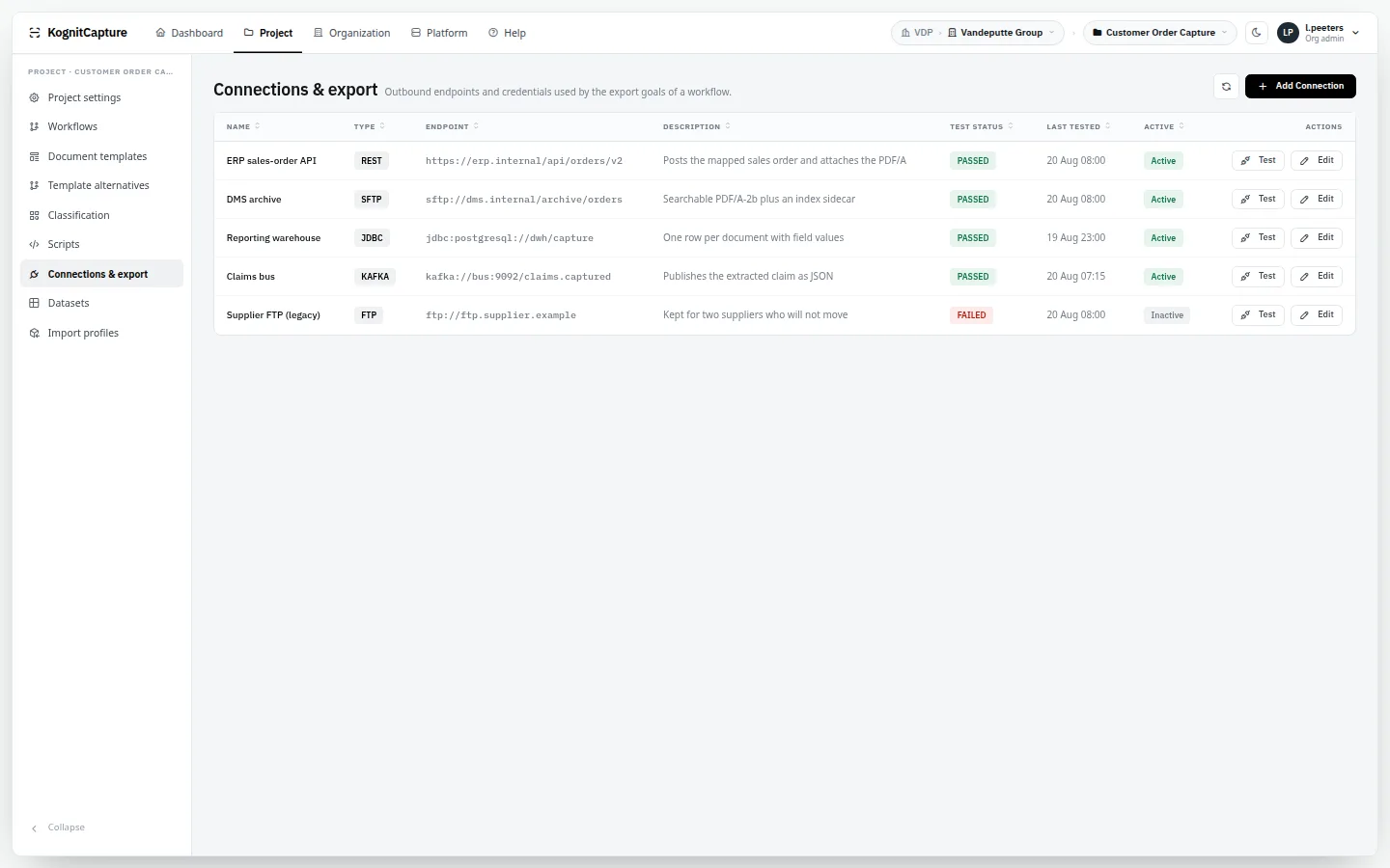 Connections and export: Saved connections and the export goals that use them.