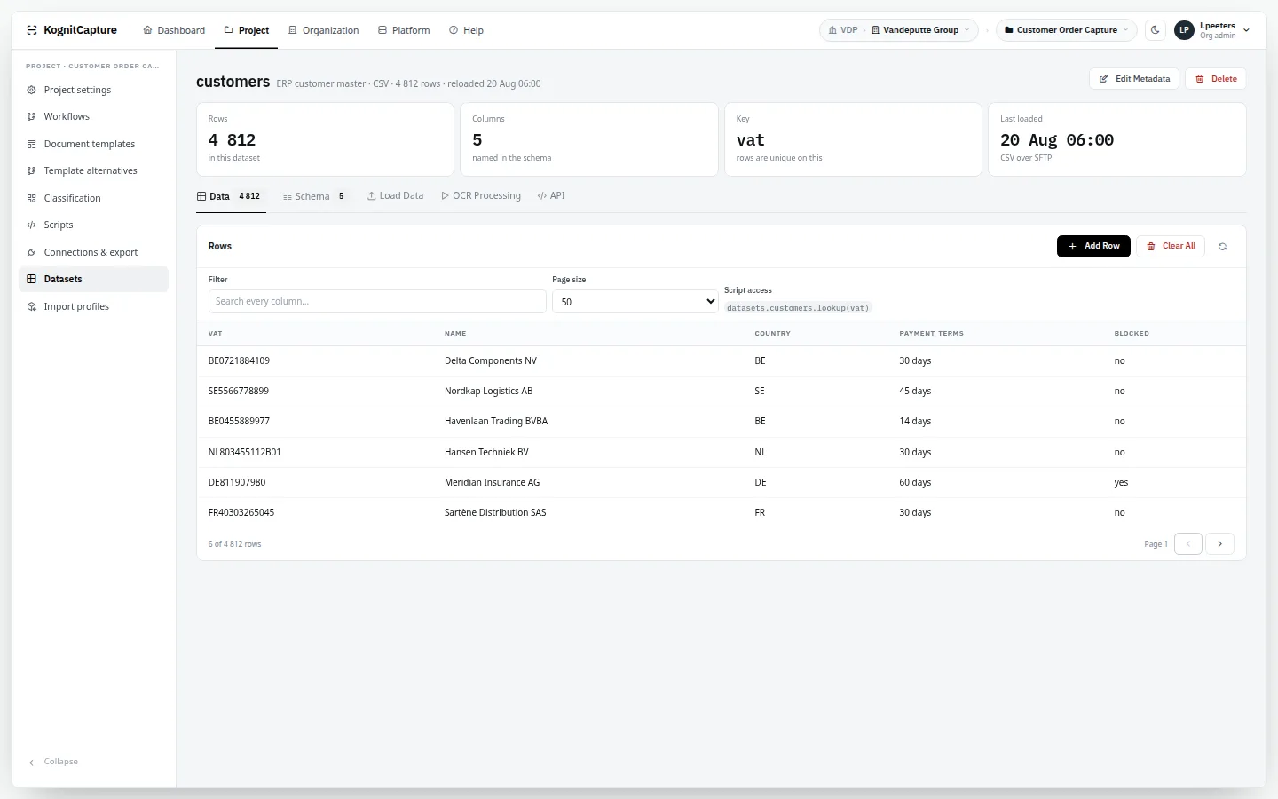 Dataset detail with rows of reference data