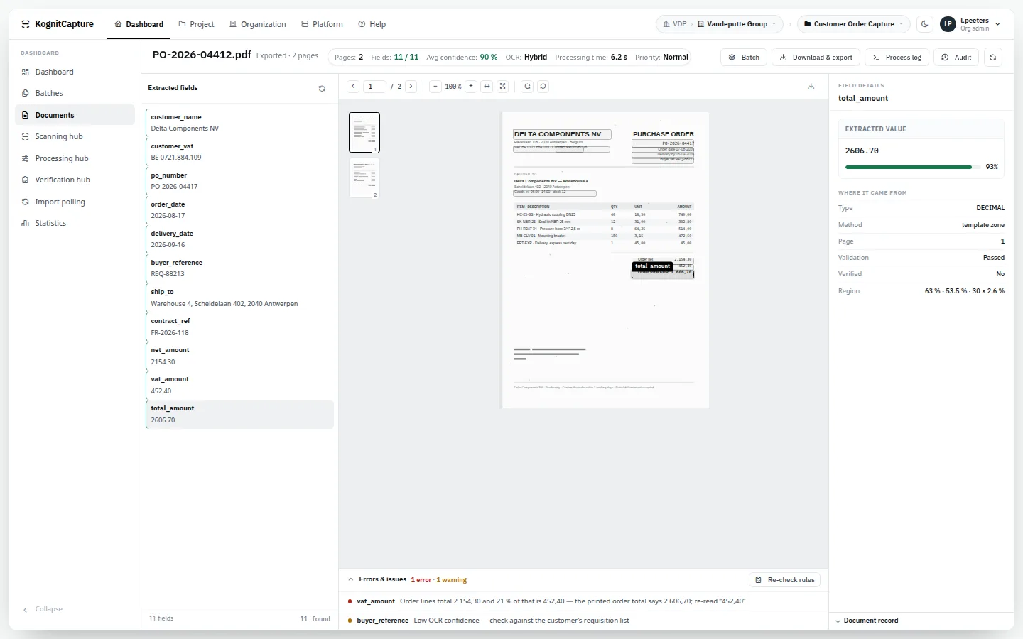 Document view: Recognised values with their position on the page, confidence and history.