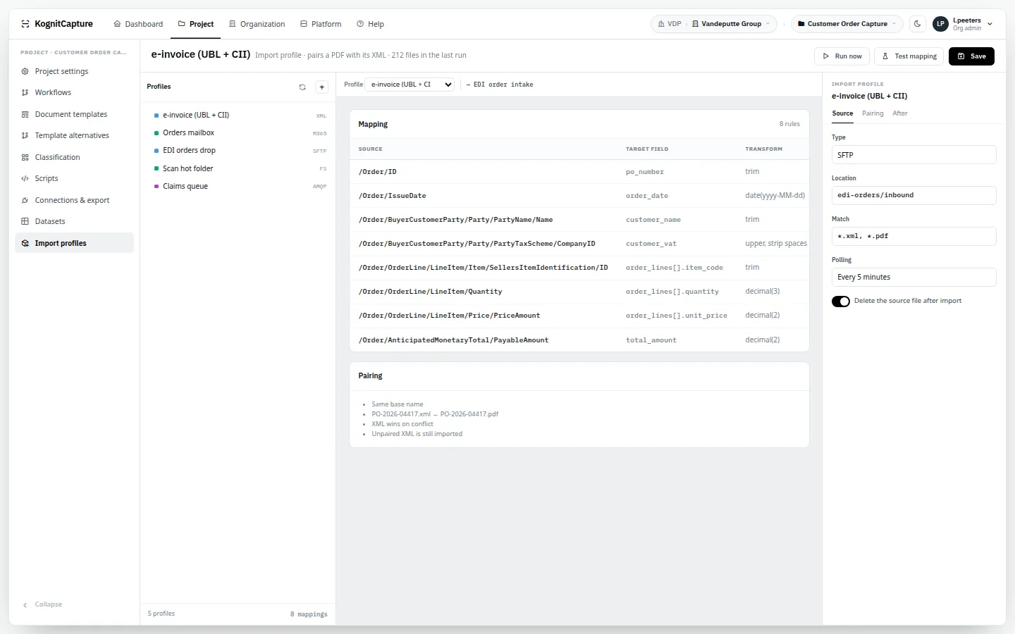 Import profile with pairing mode, XML policy and field mapping
