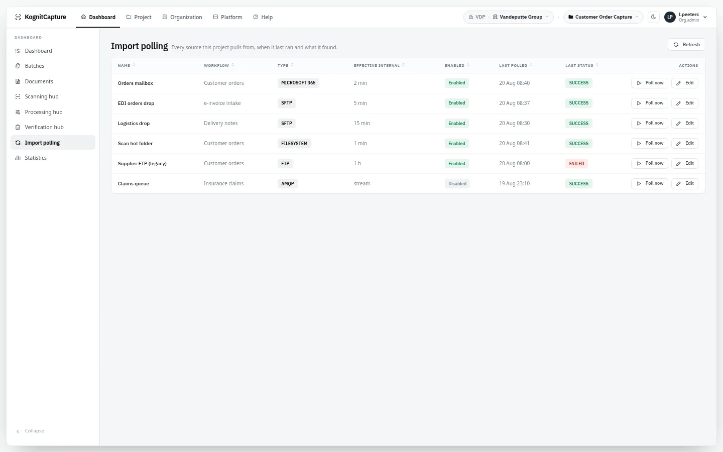 Import polling: Each polling run of each import source, with its result.