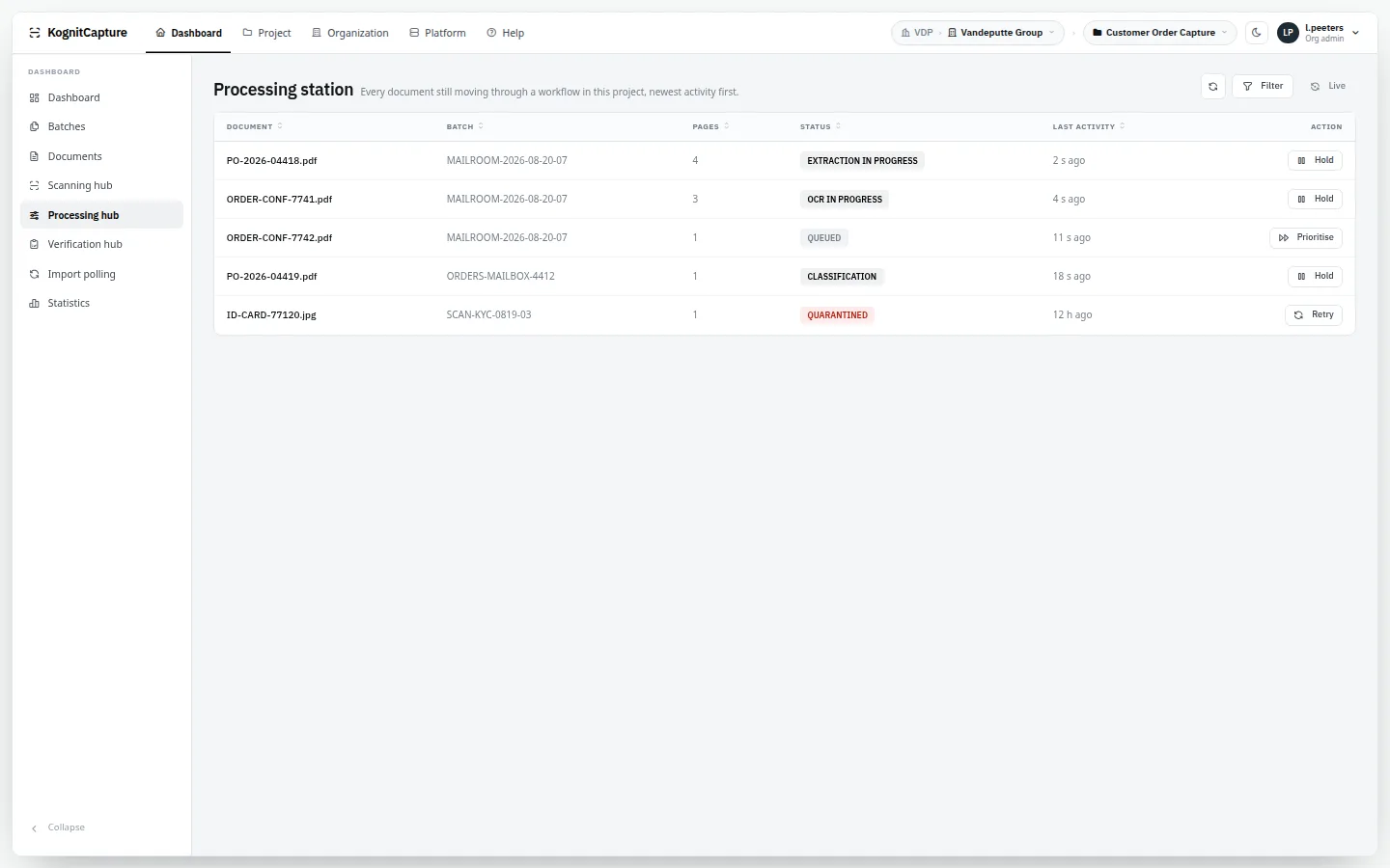 Processing hub listing documents in flight